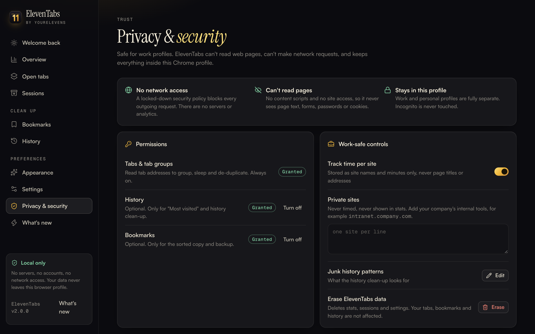 Privacy and security page in ElevenTabs