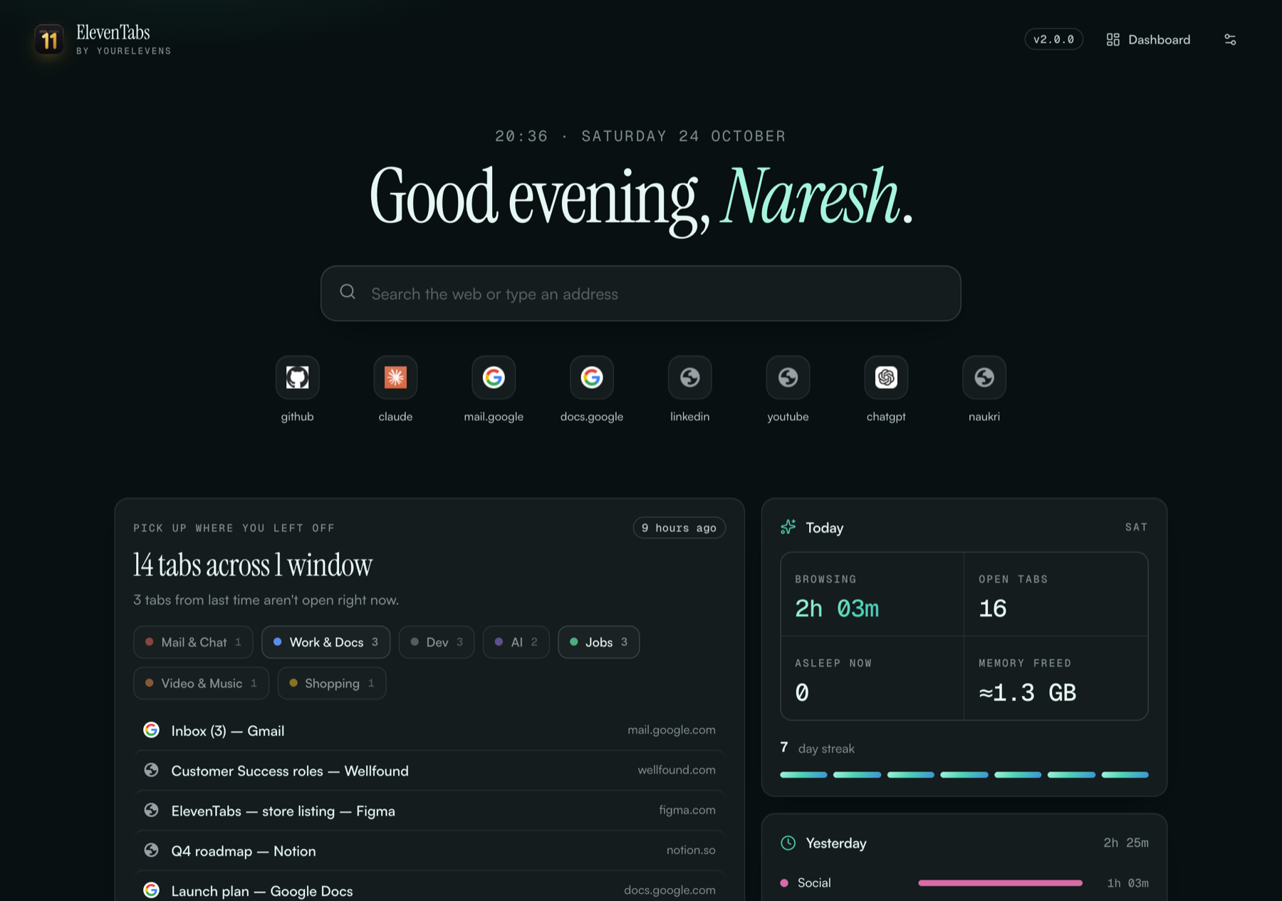 Welcome back page in the Aurora theme