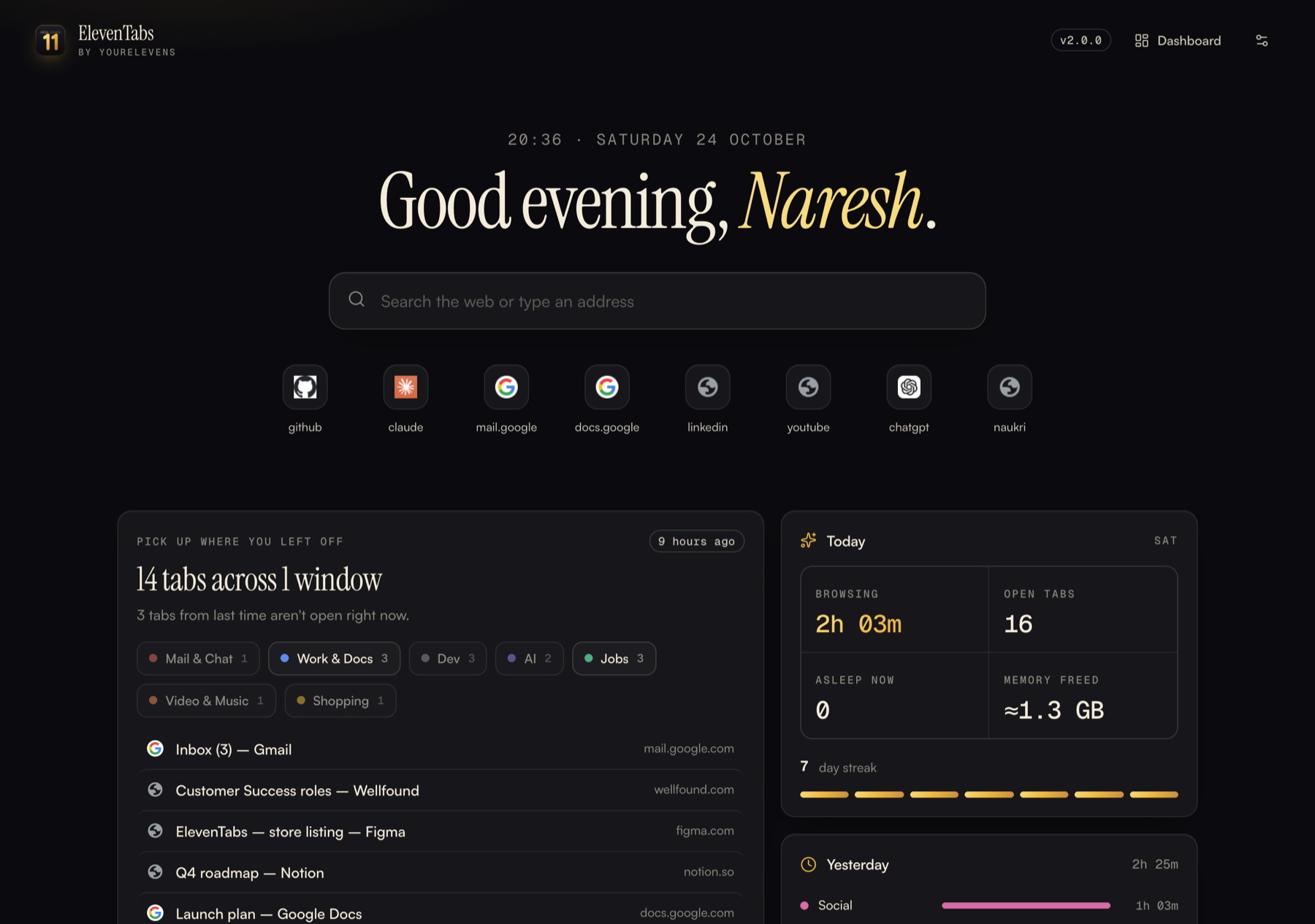 ElevenTabs Welcome back page: greeting, search, where you left off and today's stats